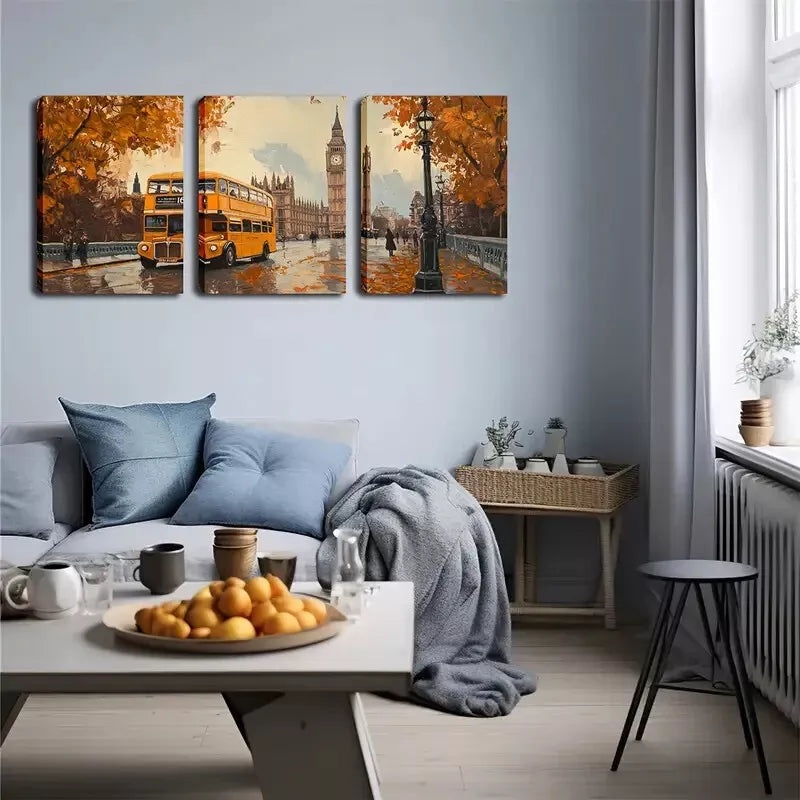3pcs Cityscape with Yellow Double-Decker Buses Wall Art Set Canvas Framed 40x60cm - High Quality Print 100% Australian Made Wall Canvas Ready to Hang