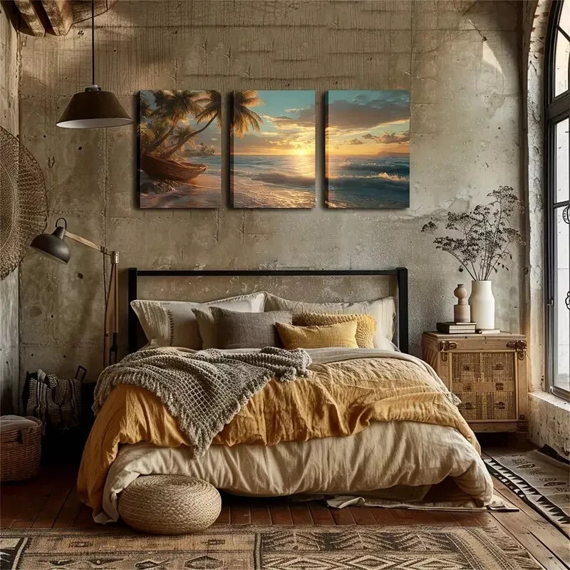 3pcs Coconut Trees & Ocean View Wall Art Set Canvas Framed 40x60cm - High Quality Print 100% Australian Made Wall Canvas Ready to Hang