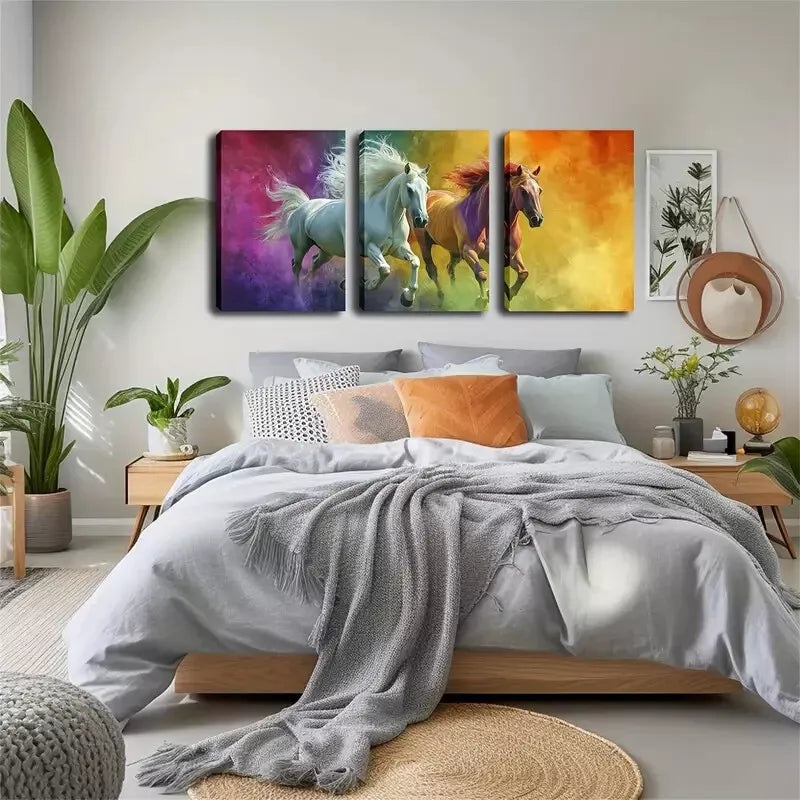 3pcs Dynamic Horse Designs in Purple, Blue Wall Art Set Canvas Framed 40x60cm - High Quality Print 100% Australian Made Wall Canvas Ready to Hang