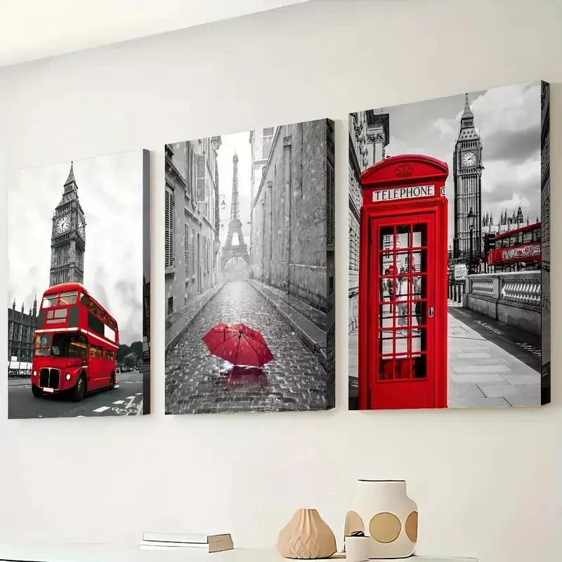 3pcs Featuring London and Paris Street Scenes Wall Art Set Canvas Framed 40x60cm - High Quality Print 100% Australian Made Wall Canvas Ready to Hang