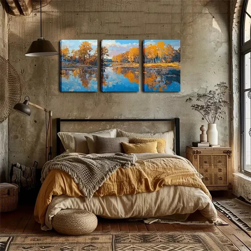 3pcs  Rustic Autumn Forest Reflection Wall Art Set Canvas Framed 40x60cm - High Quality Print 100% Australian Made Wall Canvas Ready to Hang
