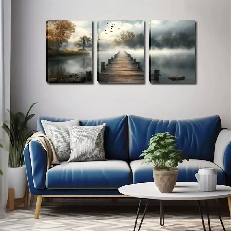3pcs  Serene Lake & Wooden Bridge Triptych Wall Art Set Canvas Framed 40x60cm - High Quality Print 100% Australian Made Wall Canvas Ready to Hang