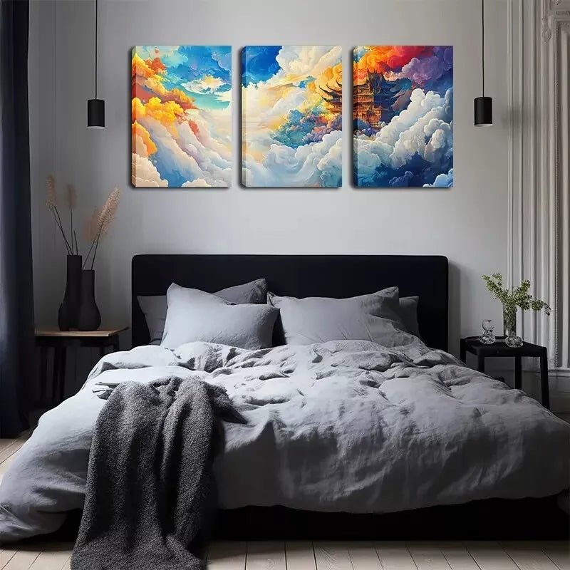 3pcs   Vibrant Cloudscape with Traditional Asian  Wall Art Set Canvas Framed 40x60cm - High Quality Print 100% Australian Made Wall Canvas Ready to Hang