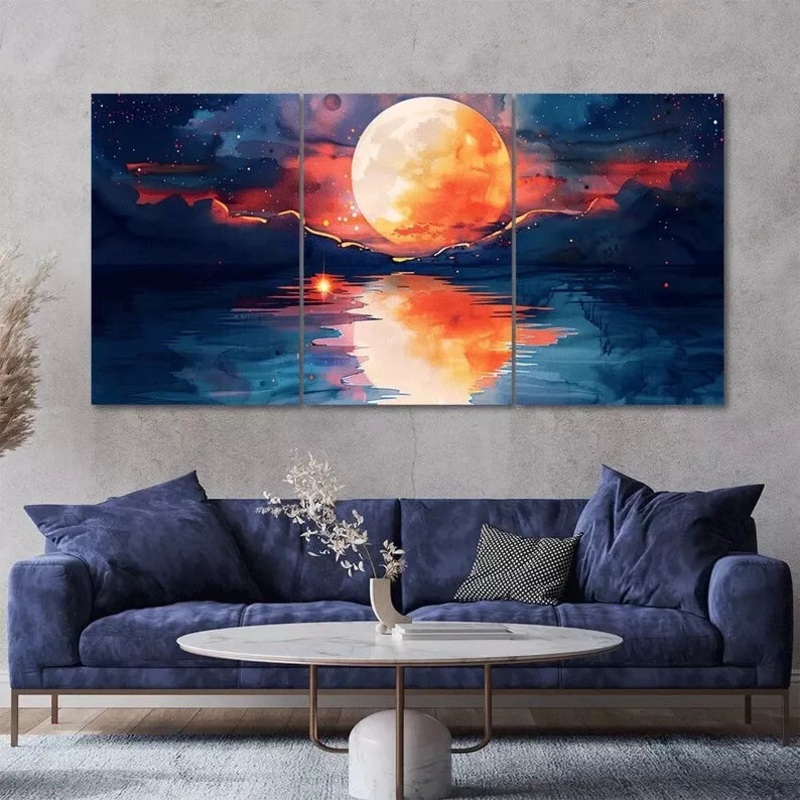 Red Full Moon Rising 3 Piece Painting Style Art Canvas Framed 40x60cm - High Quality Print 100% Australian Made Wall Canvas Ready to Hang
