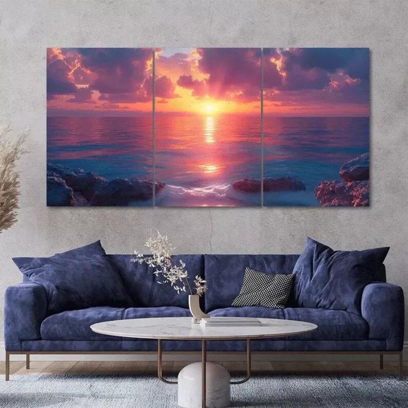 Vibrant Ocean Sunset 3 Piece Canvas Framed 40x60cm - High Quality Print 100% Australian Made Wall Canvas Ready to Hang