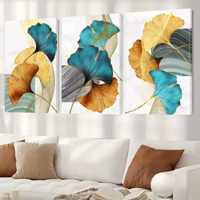 3pcs Abstract Ginkgo Leaf Canvas Framed 40x60cm - High Quality Print 100% Australian Made Wall Canvas Ready to Hang
