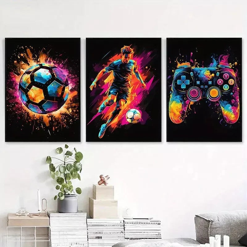 3pcs Abstract Soccer Player Modern Art Canvas Framed 40x60cm - High Quality Print 100% Australian Made Wall Canvas Ready to Hang