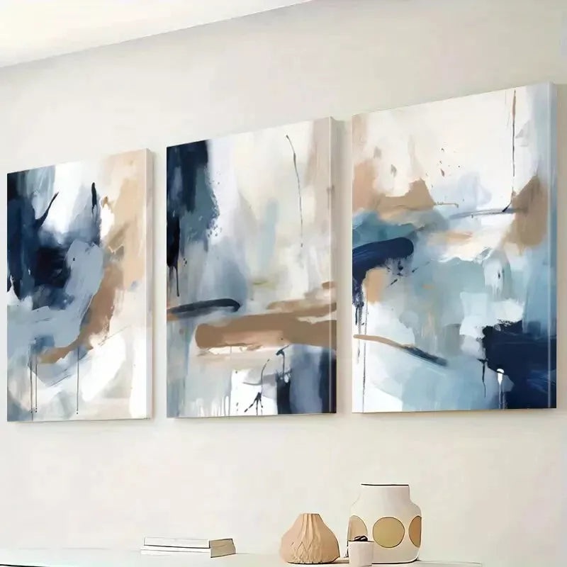 3pcs Abstract Wall Art In Shades Of Blue And Brown And White Canvas Framed 40x60cm - High Quality Print 100% Australian Made Wall Canvas Ready to Hang