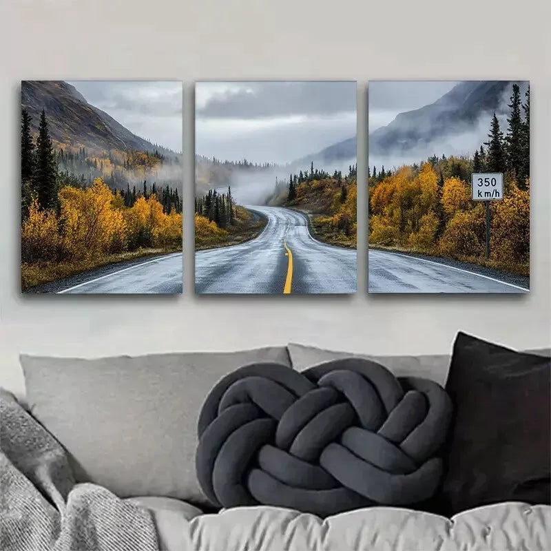 3pcs Autumn Mountain Road Triptych Wall Art Set Canvas Framed 40x60cm - High Quality Print 100% Australian Made Wall Canvas Ready to Hang