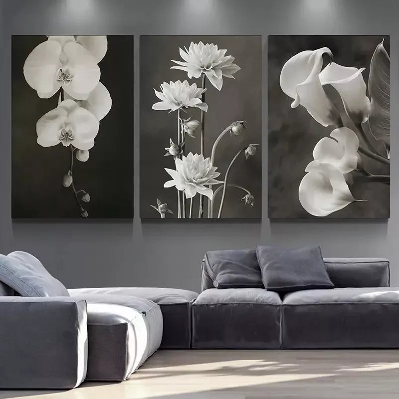 3pcs Beautiful Flower Painting Black And White Canvas Framed 40x60cm - High Quality Print 100% Australian Made Wall Canvas Ready to Hang