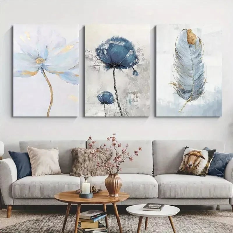 3pcs Blue Flower Canvas Framed 40x60cm - High Quality Print 100% Australian Made Wall Canvas Ready to Hang
