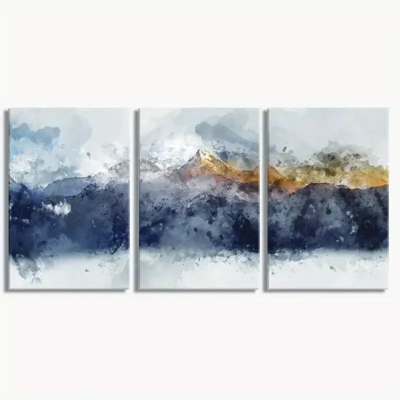 3pcs Blue & Gold Abstract Mountains Canvas Framed 40x60cm - High Quality Print 100% Australian Made Wall Canvas Ready to Hang