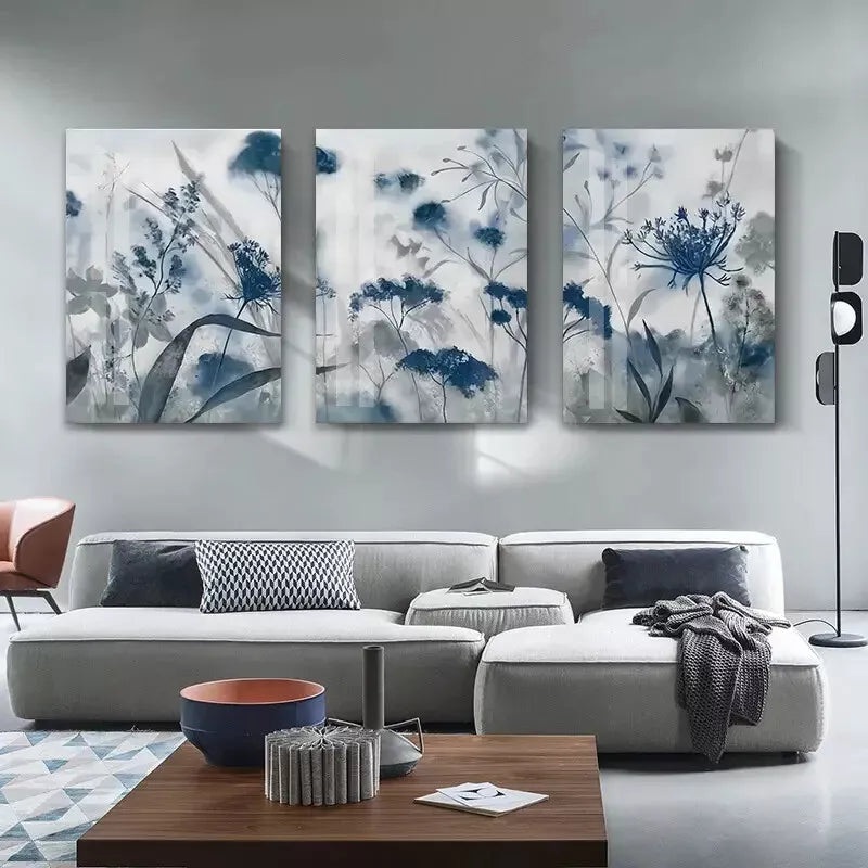 3pcs Blue Grey Flower Leaf Canvas Framed 40x60cm - High Quality Print 100% Australian Made Wall Canvas Ready to Hang
