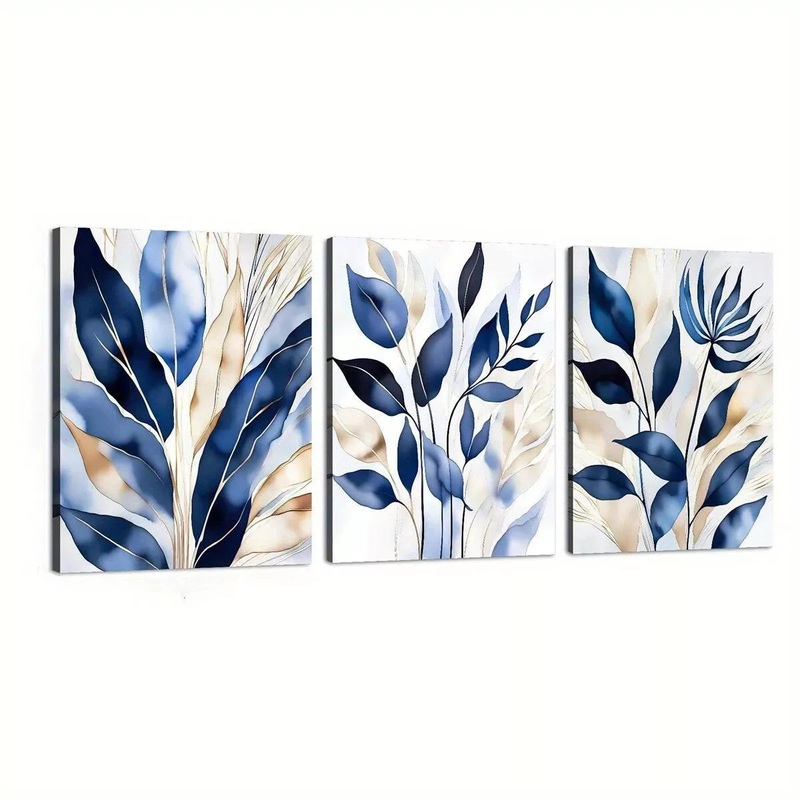 3pcs  Botanical Abstract Elegant Blue Leaves   Wall Art Set Canvas Framed 40x60cm - High Quality Print 100% Australian Made Wall Canvas Ready to Hang