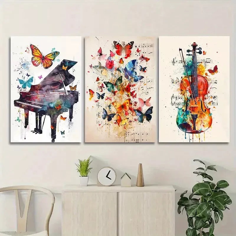 3pcs Butterfly Wings Piano Violin Canvas Framed 40x60cm - High Quality Print 100% Australian Made Wall Canvas Ready to Hang