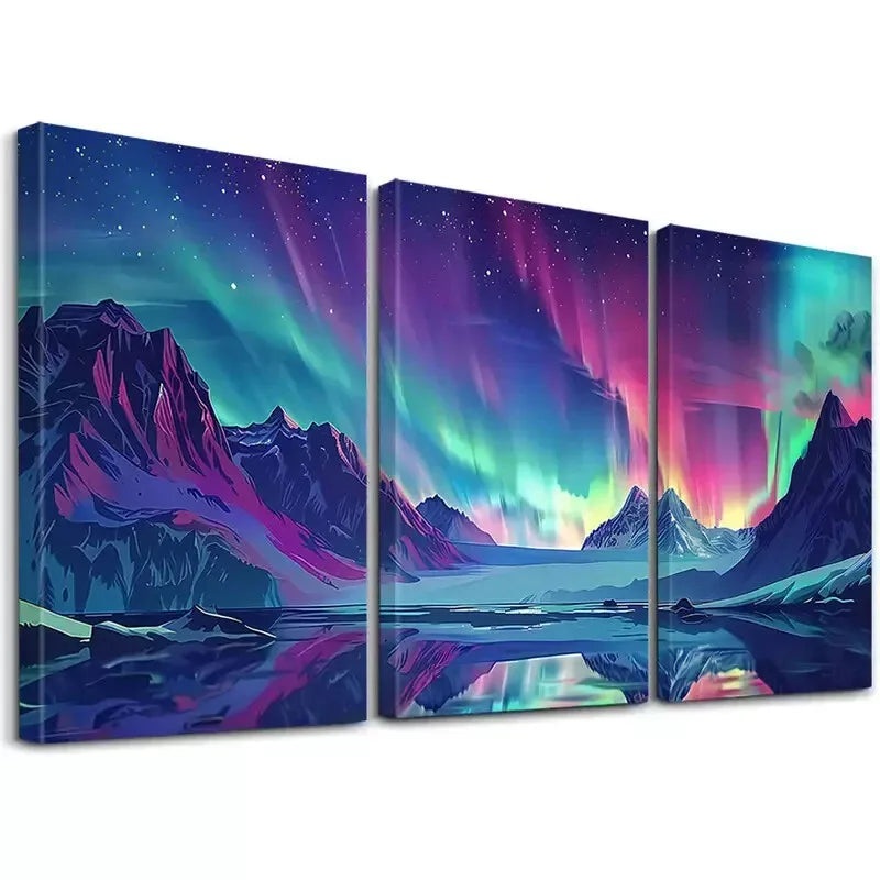 3pcs Decorative Aurora Borealis Icy Mountains Wall Art Set Canvas Framed 40x60cm - High Quality Print 100% Australian Made Wall Canvas Ready to Hang