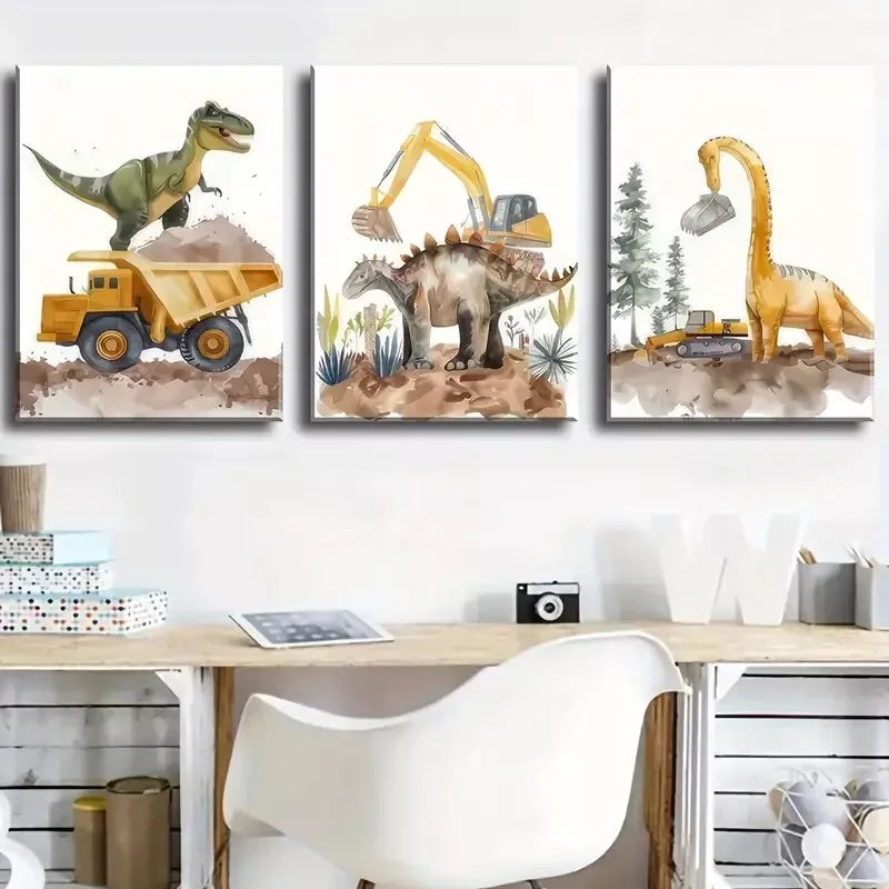 3pcs Dinosaur Construction And Excavation with Dump Trucks Canvas Framed 40x60cm - High Quality Print 100% Australian Made Wall Canvas Ready to Hang