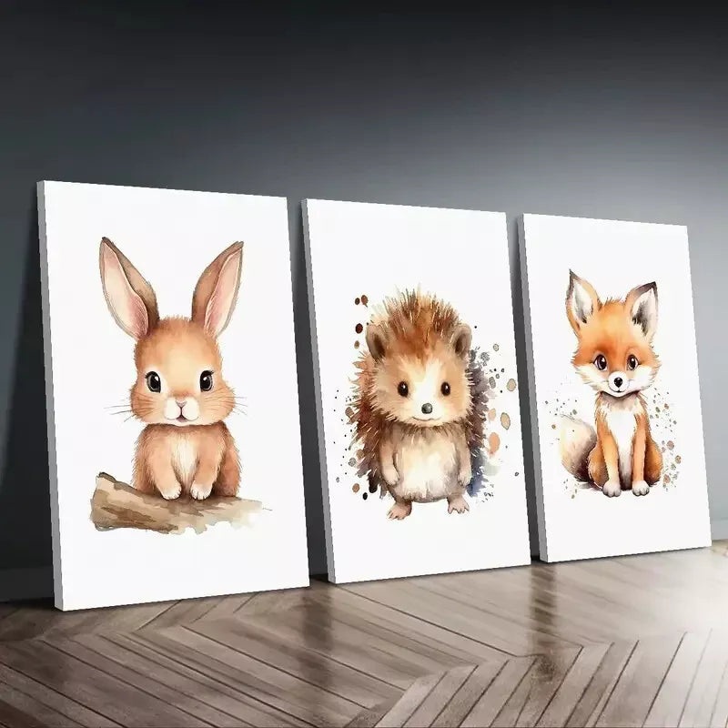 3pcs Fox, Hedgehog & Bunny Canvas Framed 40x60cm - High Quality Print 100% Australian Made Wall Canvas Ready to Hang