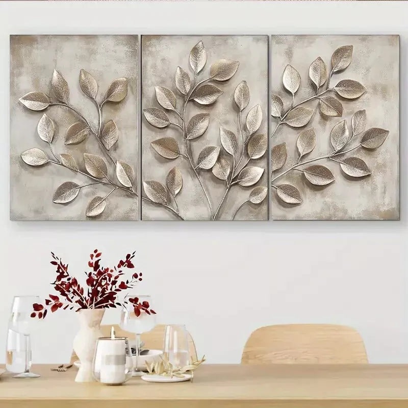 3pcs  Metallic Leaf Branch Triptych Wall Art Set Canvas Framed 40x60cm - High Quality Print 100% Australian Made Wall Canvas Ready to Hang