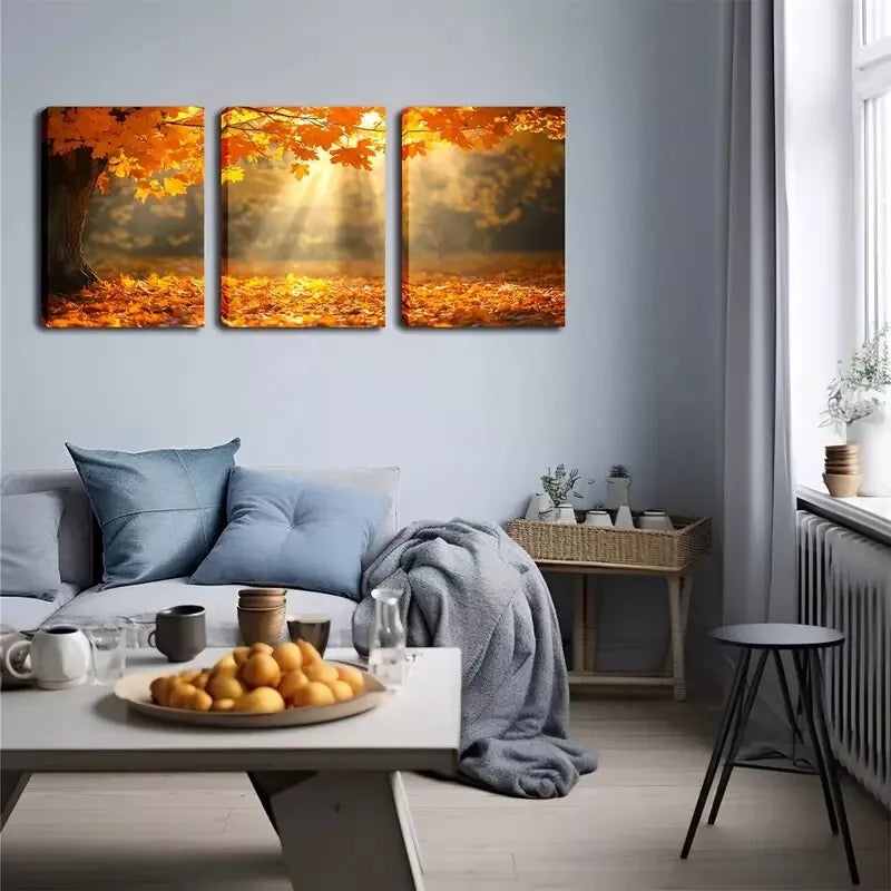 3pcs  Romantic Maple Leaves & Sunlight Triptych Wall Art Set Canvas Framed 40x60cm - High Quality Print 100% Australian Made Wall Canvas Ready to Hang