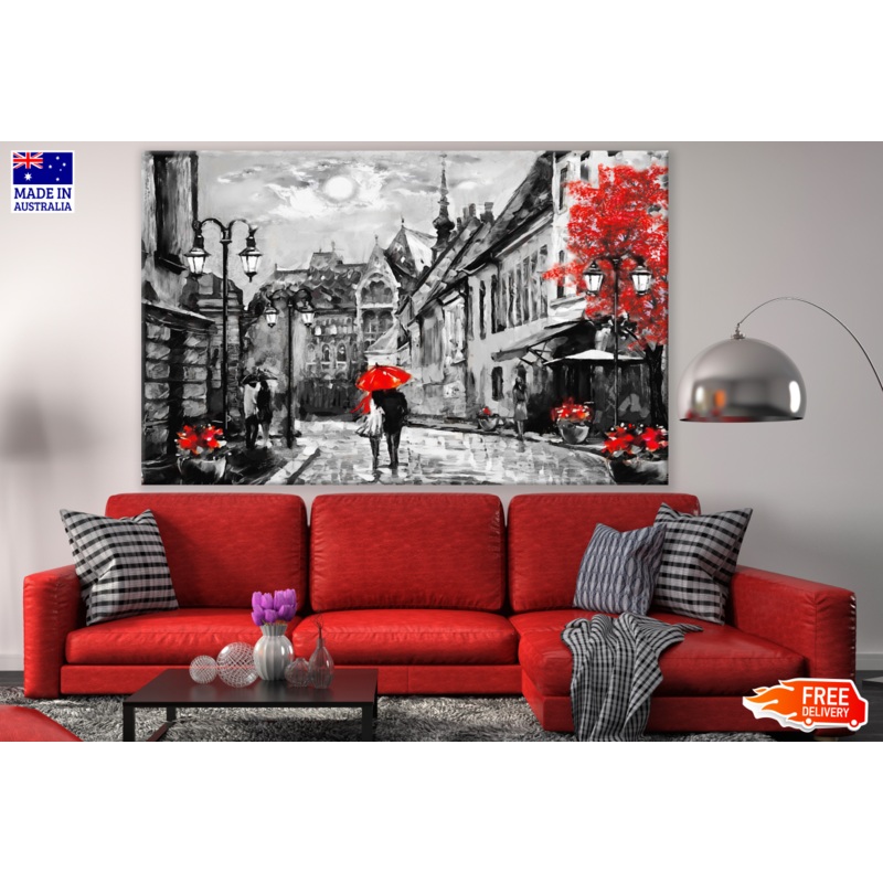 Couple Walking with Red Umbrella B&W Painting Print 100% Australian Made