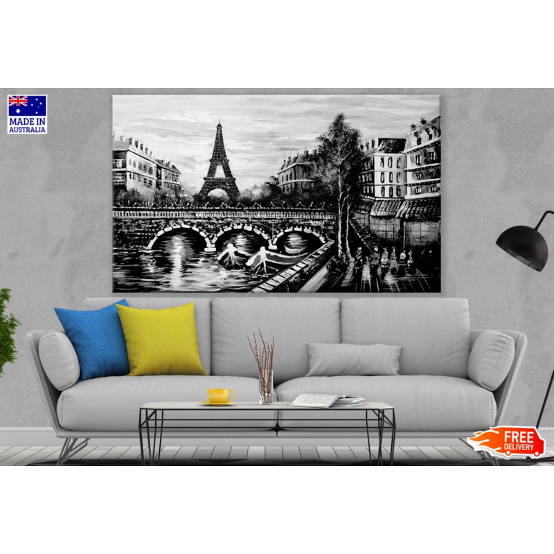 Eiffel Tower & Canal With Boats Painting B&W Print 100% Australian Made
