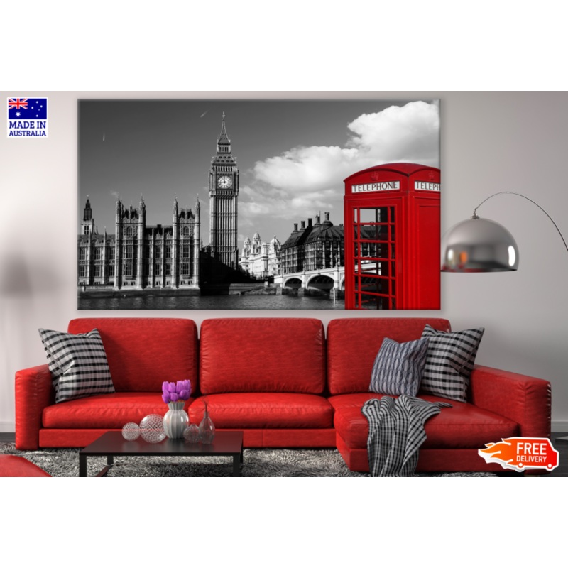 London City Buildings Phone Booth B&W Red Print 100% Australian Made