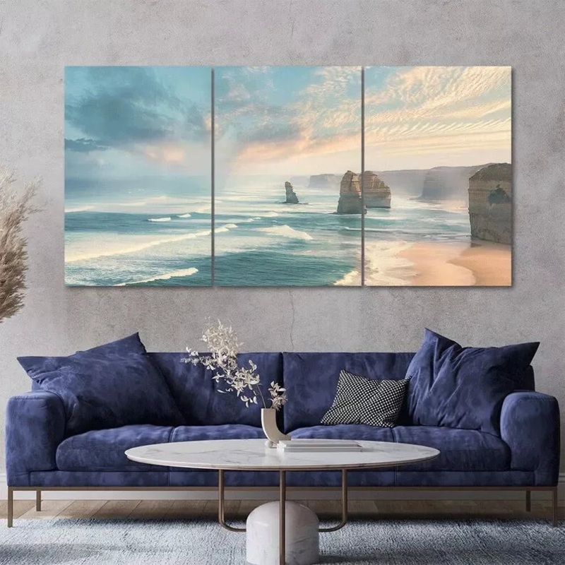 Peaceful Ocean Coastal Landscape 3 Piece Canvas Framed 40x60cm - High Quality Print 100% Australian Made Wall Canvas Ready to Hang