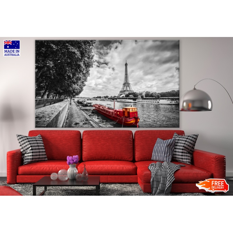 Red Canal Boat & B&W Eiffel Tower Photograph Print 100% Australian Made