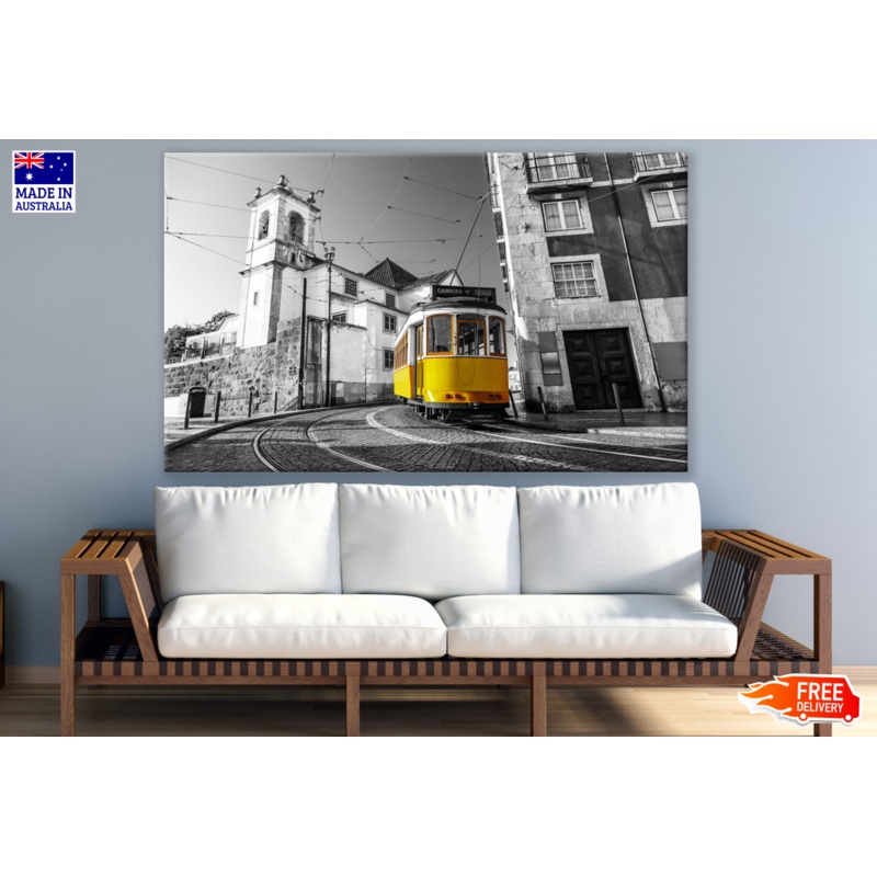 Yellow Tram In City Rail B&W Photograph Print 100% Australian Made