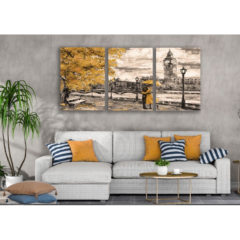 3 Set of Couple in London City Yellow & B&W Painting High Quality Print 100% Australian Made Wall Canvas Ready to Hang