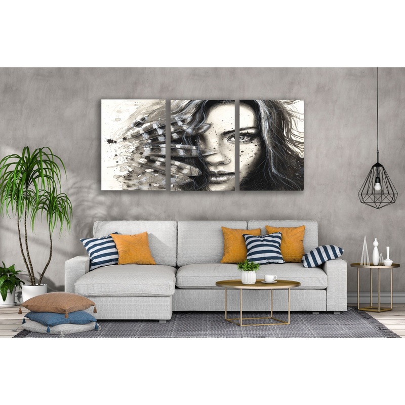 3 Set of Woman Portrait with Feather Headdress B&W Painting High Quality Print 100% Australian Made Wall Canvas Ready to Hang