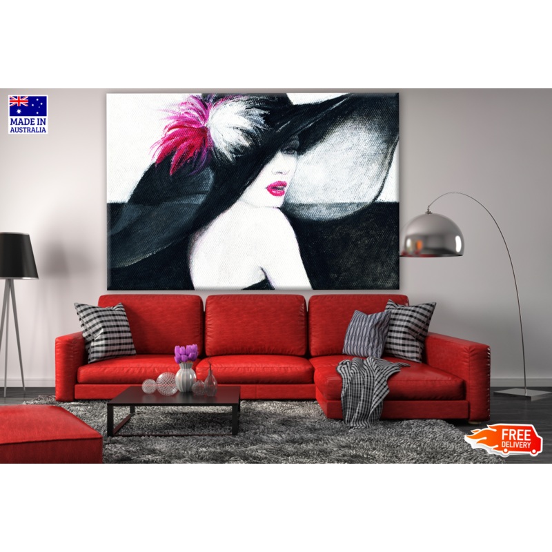Beautiful Woman with Hat B&W Painting Print 100% Australian Made