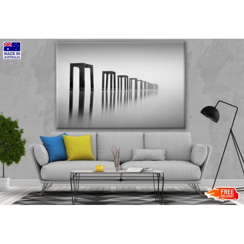 Bridge Ruins in Misty Lake B&W Photograph Print 100% Australian Made
