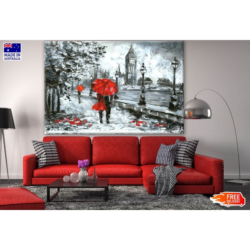 Couple Under Red Umbrella & B&W City Painting Print 100% Australian Made