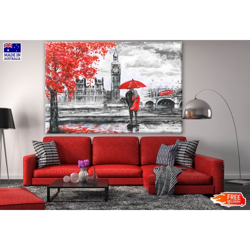 Couple Under Red Umbrella with B&W London City Painting Print 100% Australian Made