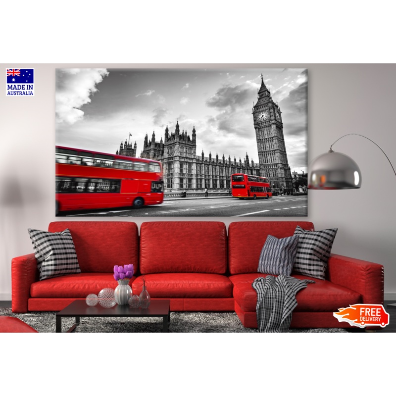 Double-deck Red Buses on Westminster Bridge with Big Ben in London B&W Photograph Print 100% Australian Made