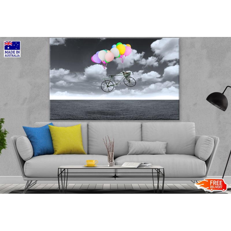 Floating Bicycle with Colorful Balloons B&W Print 100% Australian Made