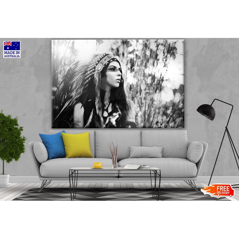 Indian Native Girl with Feather Headdress B&W Photograph Print 100% Australian Made