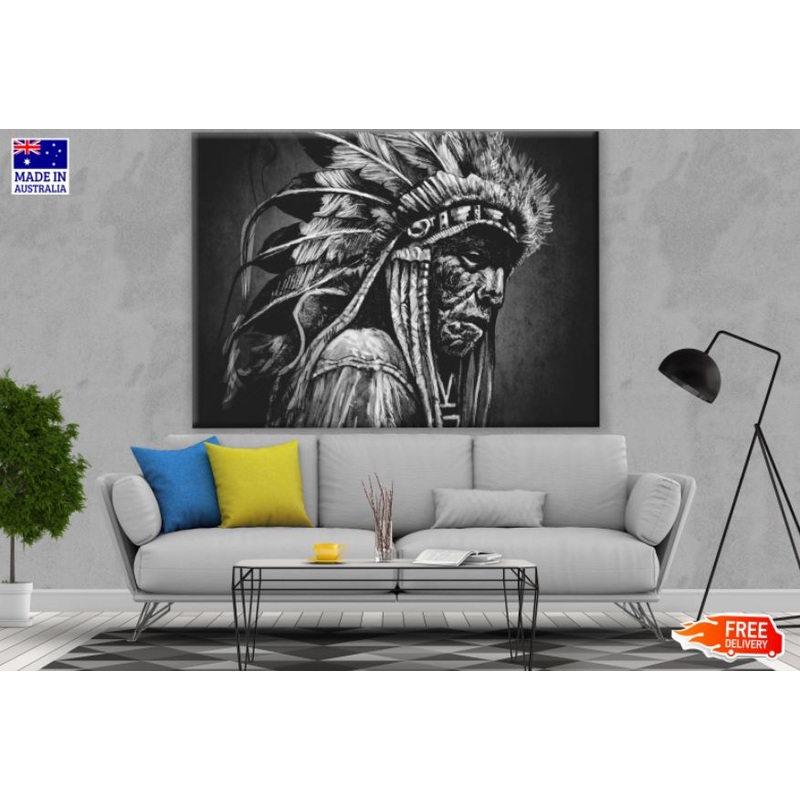 Old Man with Feather Headdress B&W Photograph Print 100% Australian Made