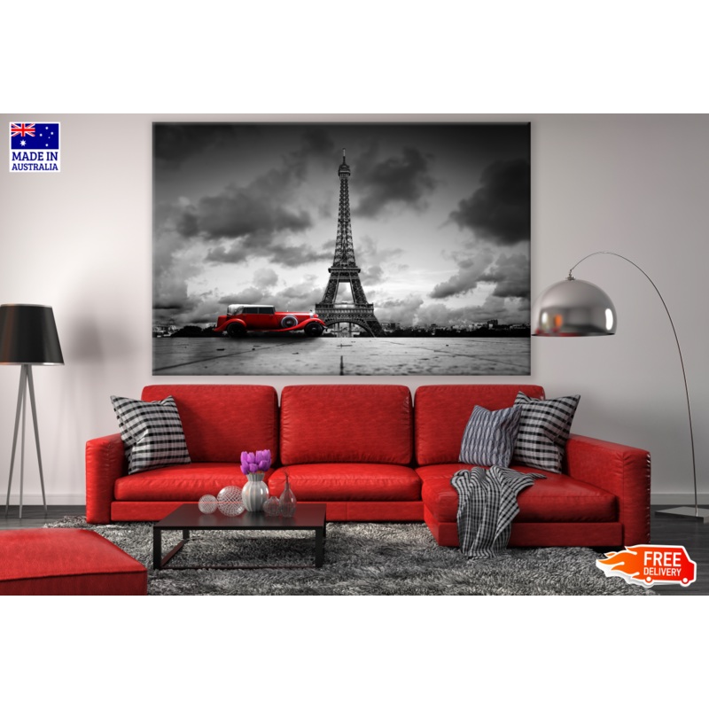 Red Car & B&W Eiffel Tower Photograph Print 100% Australian Made