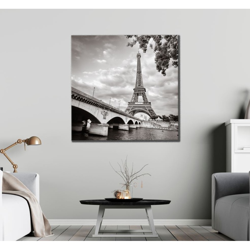 Square Canvas Eiffel Tower & Bridge B&W Photograph High Quality Print 100% Australian Made