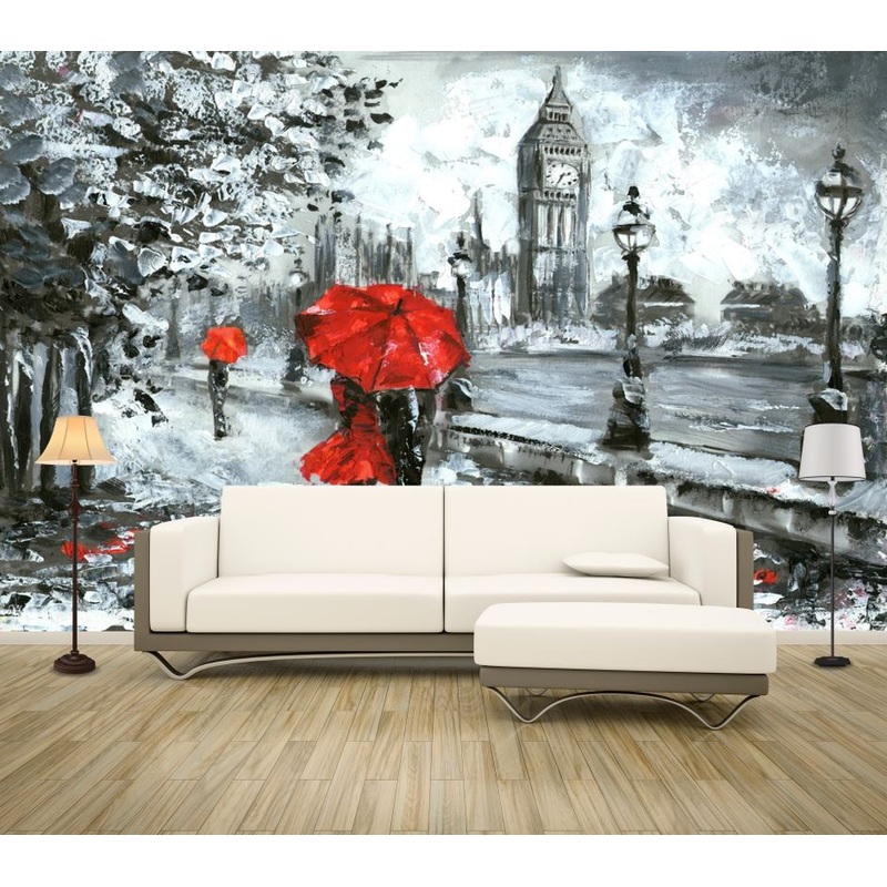 Wallpaper Murals Peel and Stick Removable B&W City with Couple Under Red Umbrellas Painting High Quality