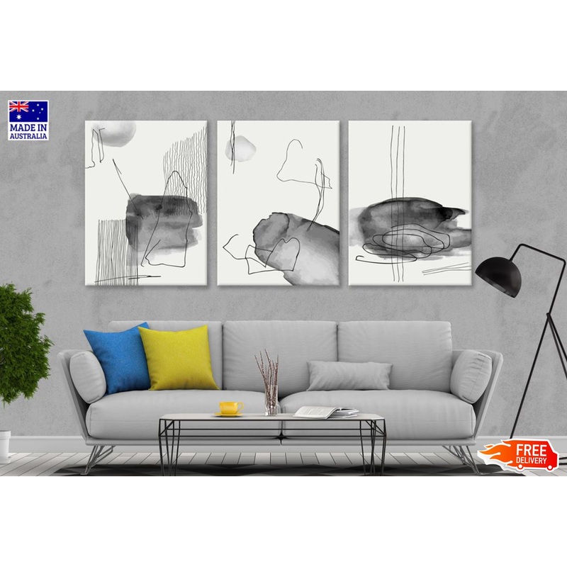 3 Set of B&W Abstract Shapes Painting High Quality Print 100% Australian Made Wall Canvas Ready to Hang