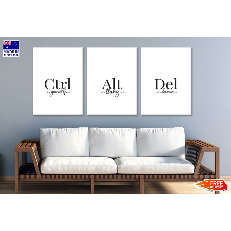 3 Set of Ctrl Alt Del B&W Wordings Design High Quality Print 100% Australian Made Wall Canvas Ready to Hang