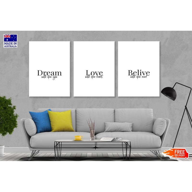 3 Set of Dream Love Belive B&W Wordings Design High Quality Print 100% Australian Made Wall Canvas Ready to Hang