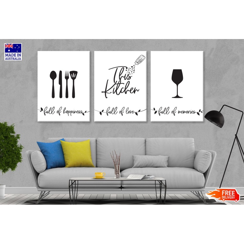 3 Set of Kitchen Quotes & B&W Vector Arts High Quality Print 100% Australian Made Wall Canvas Ready to Hang
