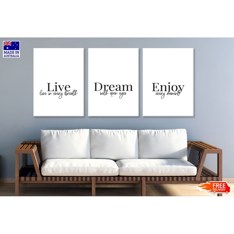 3 Set of Live Dream Enjoy B&W Wordings Design High Quality Print 100% Australian Made Wall Canvas Ready to Hang