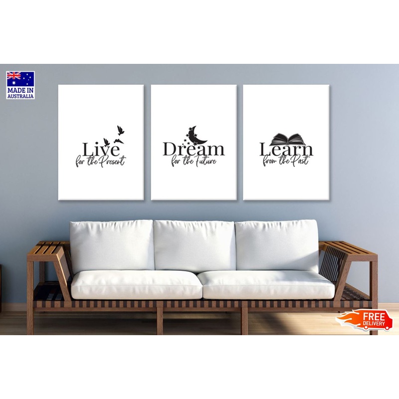 3 Set of Live Dream Learn B&W Art High Quality Print 100% Australian Made Wall Canvas Ready to Hang