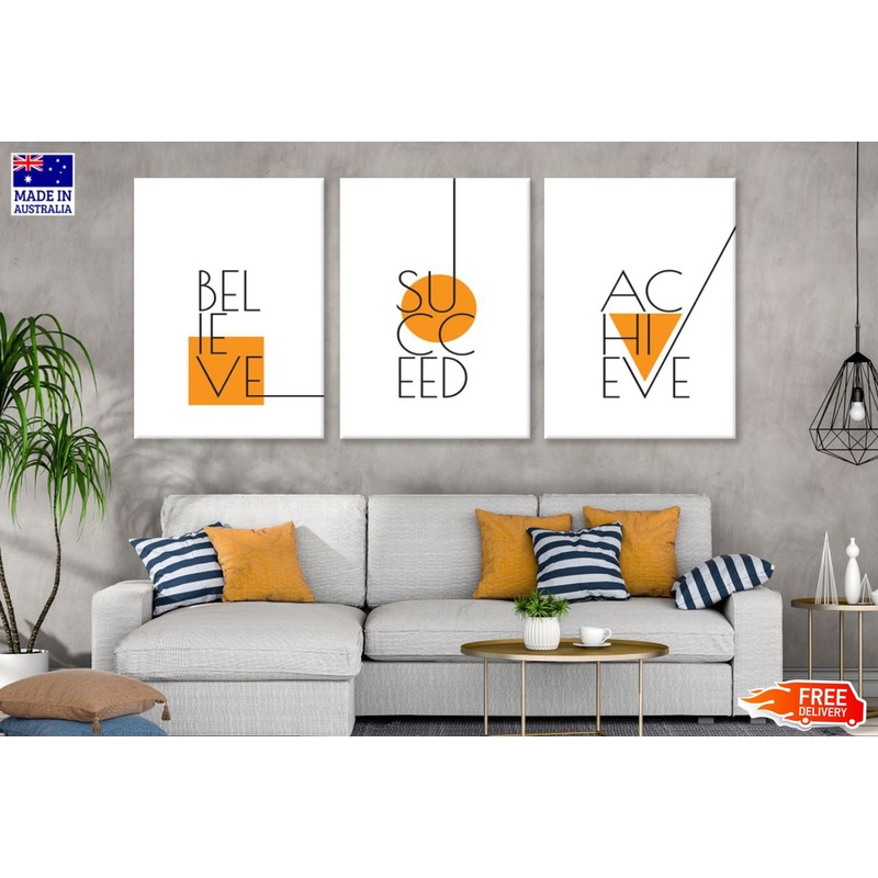 3 Set of Motivational Quotes Believe Success Achieve Black & Orange Design High Quality Print 100% Australian Made Wall Canvas Ready to Hang
